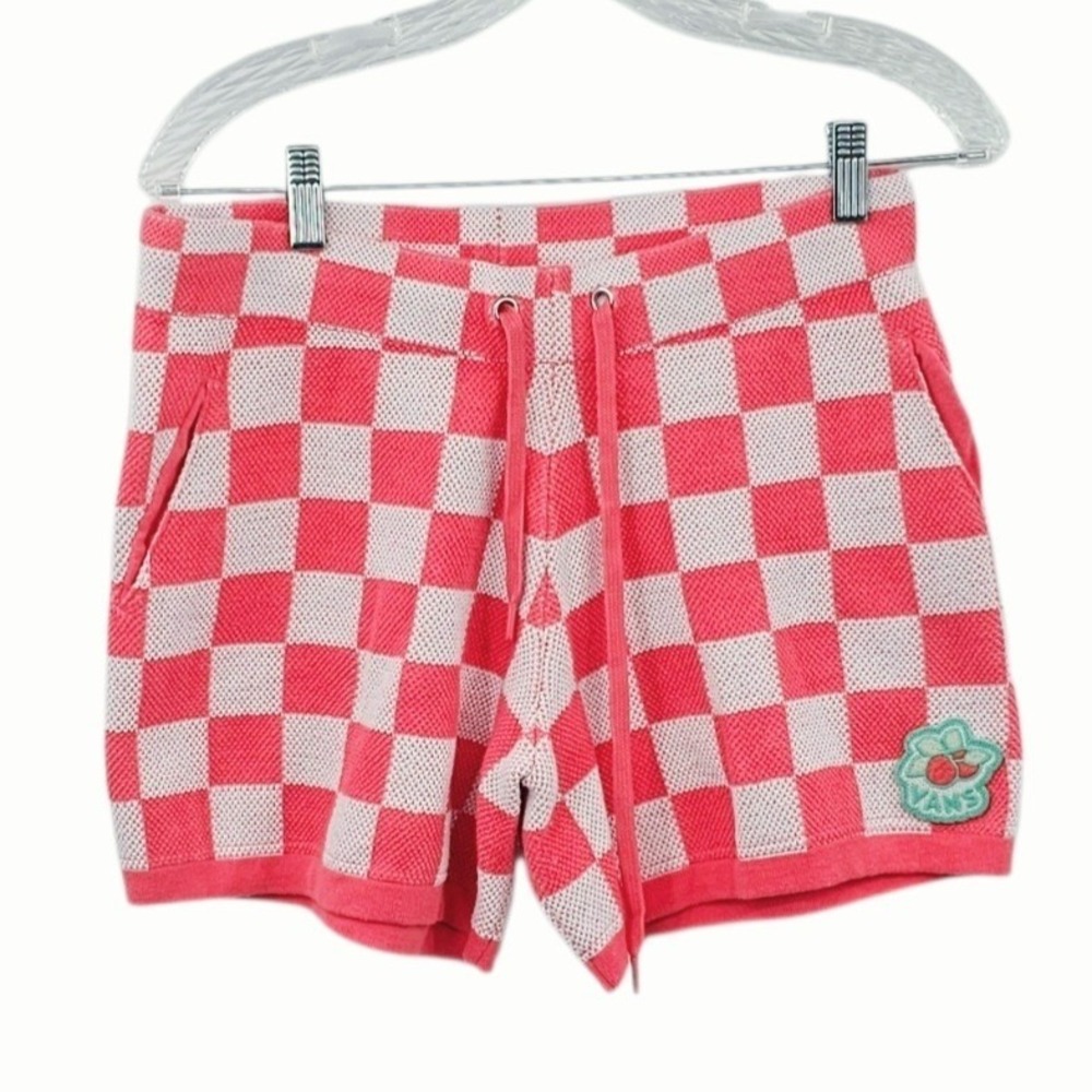Vans Women's Checkered Knit Shorts Coral/Pink & White Drawstring Size M